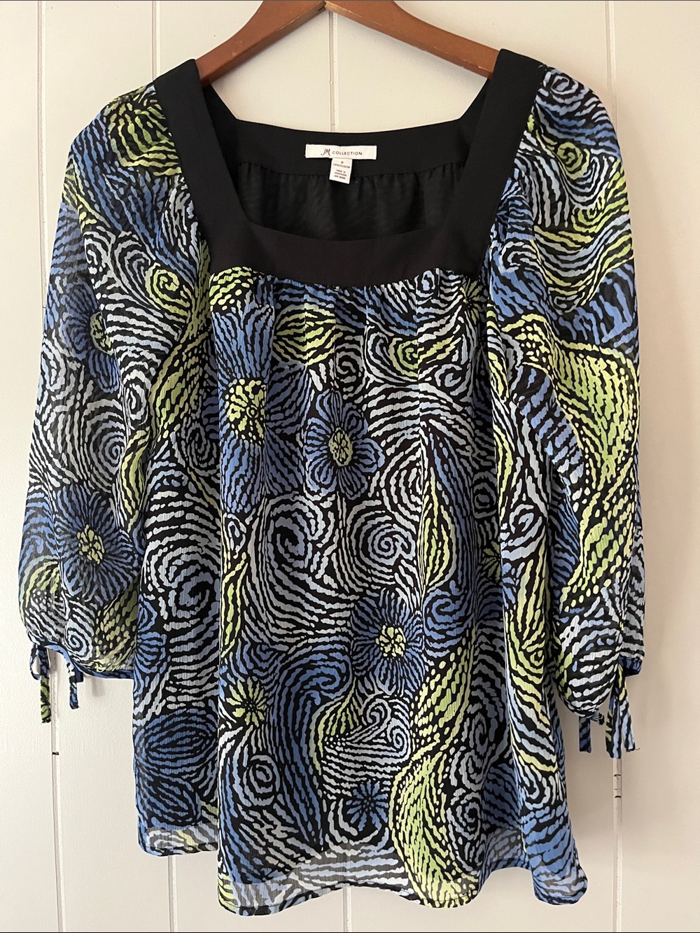 Collection B Square-Neck Floral Swirl Blouse in Blue, Lime and Black
